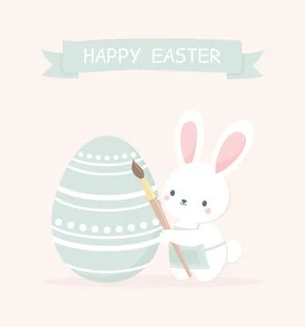 Cute Easter bunny in an apron with a brush painting an Easter egg Stock Illustration