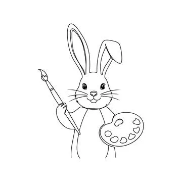 Cute Easter Bunny Artist Holding Paintbrush And Palette Line Art Vector Stock Illustration