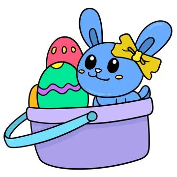 Cute easter bunny in basket with decorated eggs, doodle icon image kawaii Stock Illustration