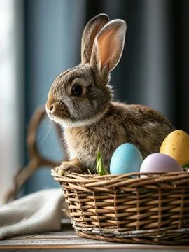 Cute Easter bunny in basket with eggs on dark Stock Photos