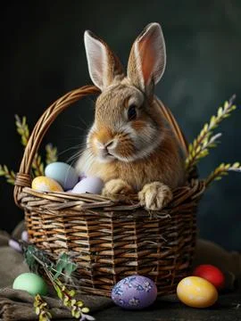 Cute Easter bunny in basket with eggs on dark Foto stock