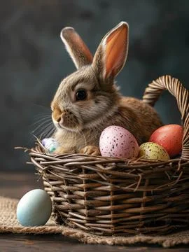 Cute Easter bunny in basket with eggs on dark Stock Photos
