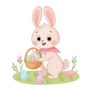 Cute Easter Bunny with a basket flat style isolated icon. Rabbit or hare spring Stock Illustration