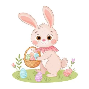 Cute Easter Bunny with a basket flat style isolated icon. Rabbit or hare spring Stock Illustration