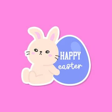 Cute Easter Bunny with Blue Egg and Happy Easter Text Stock Illustration