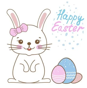 Cute easter bunny with bow and colorful eggs illustration Illustrazione stock