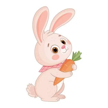 Cute Easter Bunny with carrot flat style isolated icon. Rabbit or hare spring Stock Illustration