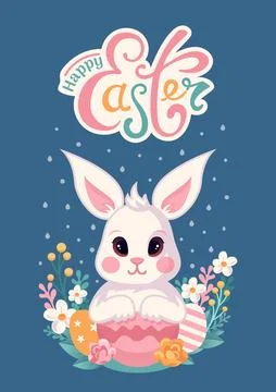 Cute Easter bunny in cartoon style. Meadow flowers, rain. vintage lettering Illustrazione stock