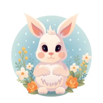 Cute Easter bunny in cartoon style. Meadow flowers, rain. Childrens character in 库存插图