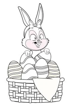 Cute easter bunny celebration egg basket black and white Stock Illustration