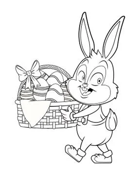Cute easter bunny celebration with egg basket black and white Stock Illustration