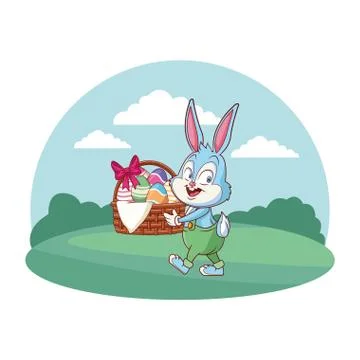 Cute easter bunny celebration with egg basket nature background round frame 스톡 일러스트