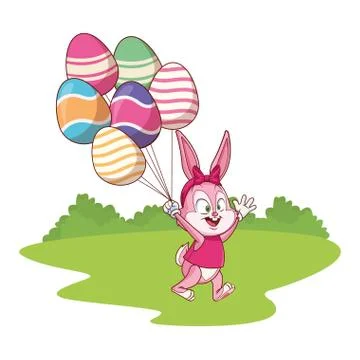 Cute easter bunny celebration egg ballons  nature background bushes 스톡 일러스트