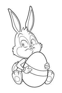 Cute easter bunny celebration holding egg isolated black and white Stock Illustration