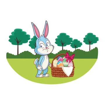 Cute easter bunny celebration nature trees background round frame 스톡 일러스트