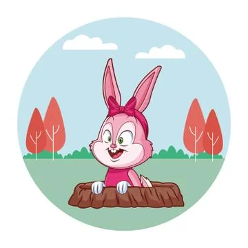 Cute easter bunny celebration rabbit hole  spring nature background trees Illustrazione stock