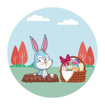 Cute easter bunny celebration rabbit hole spring nature background trees 스톡 일러스트