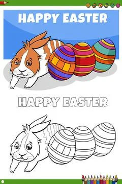 Cute Easter bunny character with eggs coloring book page Cartoon illustrat... Stock Photos