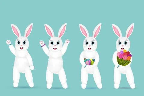 Cute Easter Bunny Character Set with Different Poses and Accessories Stock Illustration