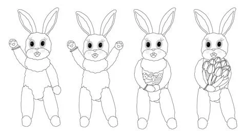 Cute Easter Bunny Characters Coloring Page Set Stock Illustration
