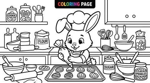 Cute Easter Bunny Chef Decorating Cookies in a Kitchen Coloring Page. Stock Illustration