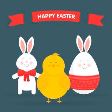 Cute Easter bunny, chicken and egg vector Stock Illustration