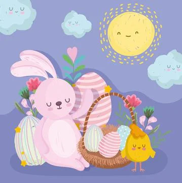 Cute easter bunny with chicken egg on basket cartoon Stock Illustration