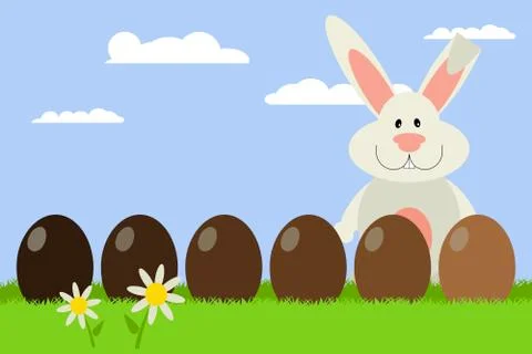 Cute Easter bunny with chocolate eggs Stock Illustration