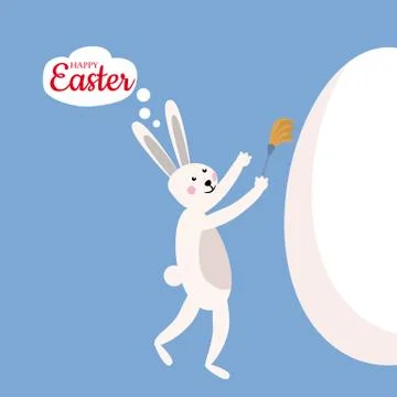 Cute easter bunny cleansing egg, vector cartoon style, illustration, isolated Stock Illustration