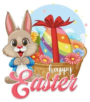 Cute Easter Bunny with Colorful Egg Basket and Spring Flowers Illustration Stock Illustration