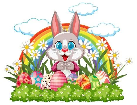 Cute Easter Bunny with Colorful Eggs and Rainbow in Garden Stock Illustration