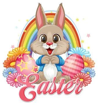 Cute Easter Bunny with Colorful Eggs Flowers and Rainbow Vector Illustration 库存插图