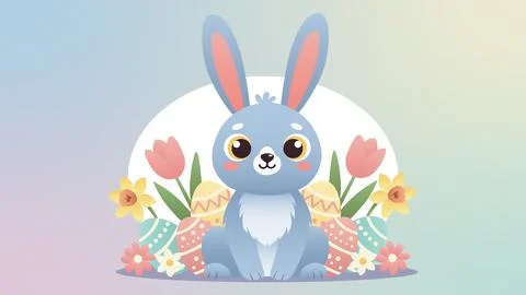 Cute Easter Bunny with Colorful Eggs and Flowers  Festive Easter Campaign I.. Stock Illustration