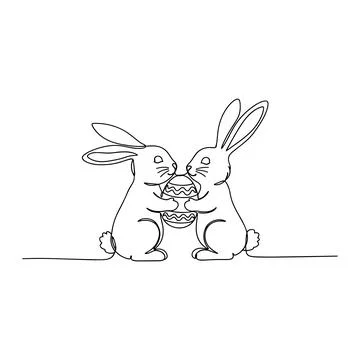 Cute Easter Bunny Couple Sharing Decorated Egg Minimal Line Art Vector Stock Illustration