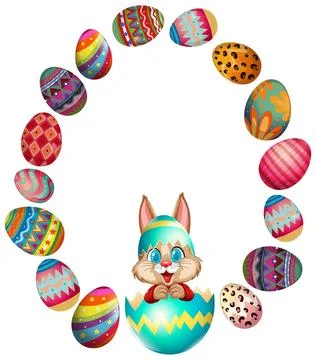 Cute Easter Bunny in Cracked Egg Surrounded by Colorful Patterned Eggs 스톡 일러스트