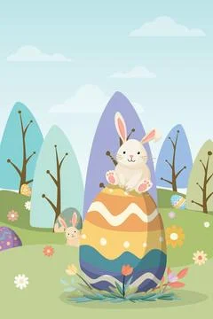 Cute Easter bunny on decorated egg at the field hand drawn style with blue .. Stock Illustration