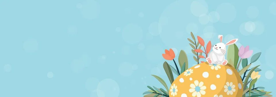 Cute Easter bunny on decorated egg in the bush hand drawn style with soft b.. Stock Illustration