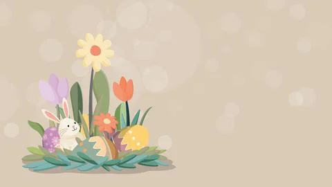 Cute Easter bunny with decorated eggs in the bush hand drawn style on beige.. Stock Illustration