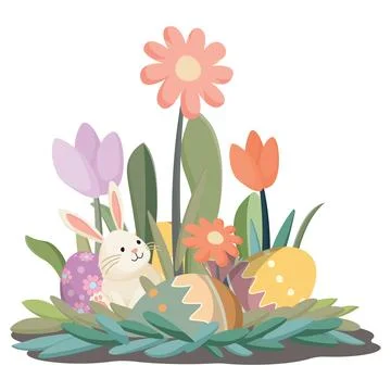 Cute Easter bunny with decorated eggs in the bush hand drawn style isolated.. Stock Illustration