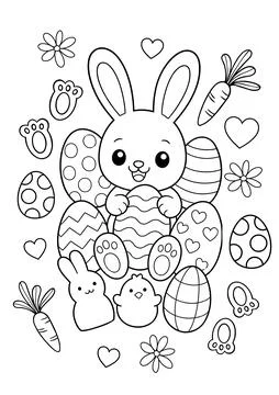 Cute Easter Bunny with Decorated Eggs Vector Line Art Illustration Stock Illustration