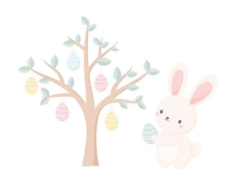 Cute Easter bunny decorating a tree with Easter eggs Stock Illustration
