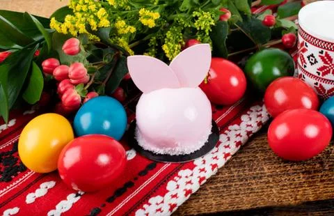 Cute Easter bunny desserts, Easter painted eggs, Authentic Easter Brunch. Stock Photos