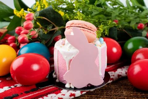 Cute Easter bunny desserts, Easter painted eggs, Authentic Easter Brunch. Stock Photos