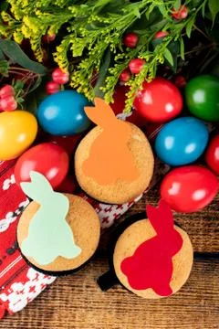 Cute Easter bunny desserts, Easter painted eggs, Authentic Easter Brunch. Stock Photos