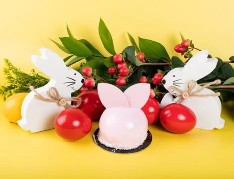 Cute Easter bunny desserts, Easter painted eggs, Authentic Easter Brunch. Stock Photos