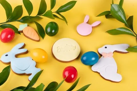 Cute Easter bunny desserts, Easter painted eggs, Authentic Easter Brunch. Stock Photos