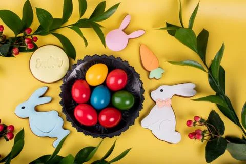 Cute Easter bunny desserts, Easter painted eggs, Authentic Easter Brunch. Stock Photos