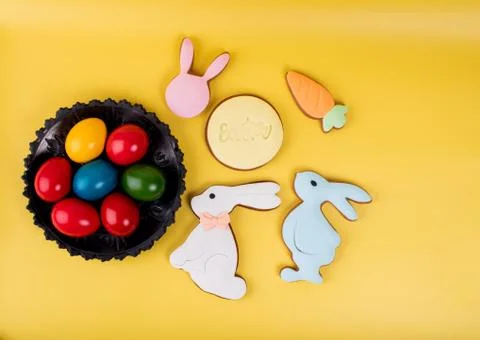 Cute Easter bunny desserts, Easter painted eggs, Authentic Easter Brunch. Stock Photos