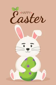 Cute Easter bunny with an Easter egg in its paws. Easter concept. Happy Easter 스톡 일러스트