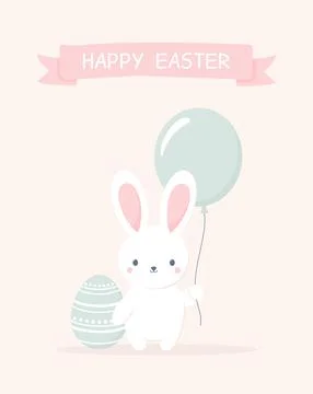Cute Easter bunny with Easter egg and balloon. Easter greeting card. Flat v.. Stock Illustration